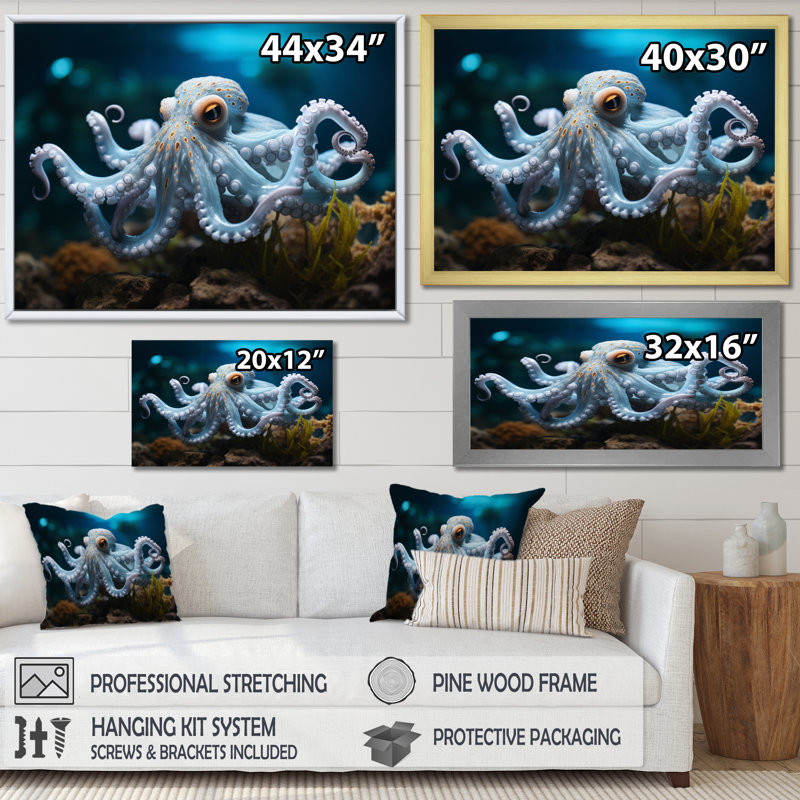 Blue Octopus Serene submersion - impression, Toile tendue, H 16 po x l 32 po x P 1 po