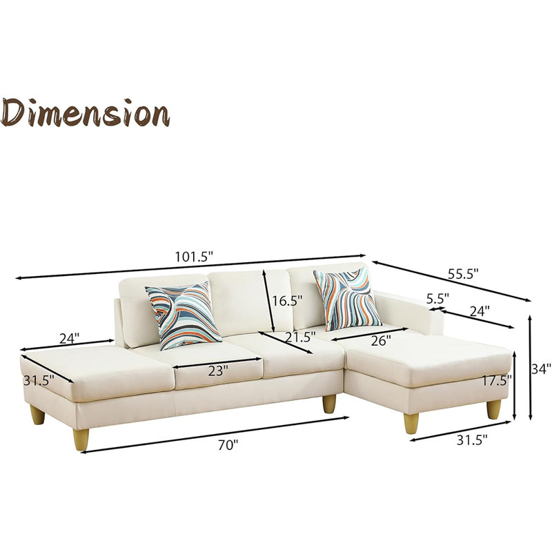 2-Piece Faux Leather L-Shape Lint Sectional Sofa, White Faux Leather, Right Hand Facing