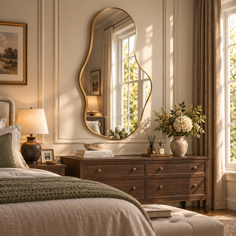 Miroir mural moderne et asymétrique avec cadre en aluminium - Conception géométrique unique pour le salon, la chambre à coucher ou le vestibule
