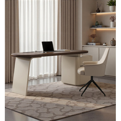 Modern Minimalist Solid Wood Desk with Saddle Leather