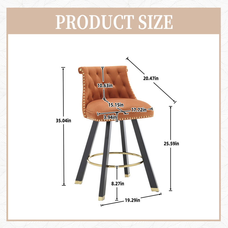 Set Of 2,Back Pull Point Design, Velvet Material, 360 Degree Rotation, Back Pull Loop Detachable Design, Rivet Decoration, Square Foot Wooden Bar Chair