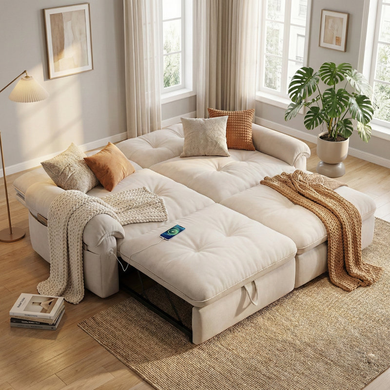 77'' Wide Convertible Sofa with Adjustable Back, Beige