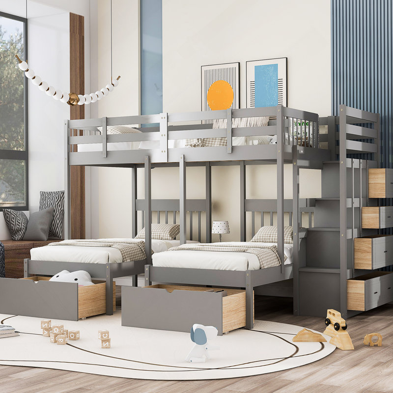 Lit double superposé double au-dessus de simple et simple, lit superposé triple en bois avec tiroirs et garde-corps, gris (ANCIEN SKU: LT000443AAE-1)