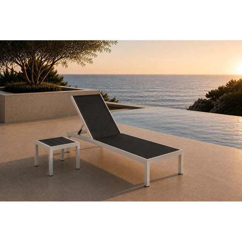 Aynura 2-Piece 76" Outdoor Reclining Chaise Lounge Set with Side Table – Aluminum Frame, Quick-Dry Mesh & Hidden Wheels - White Black