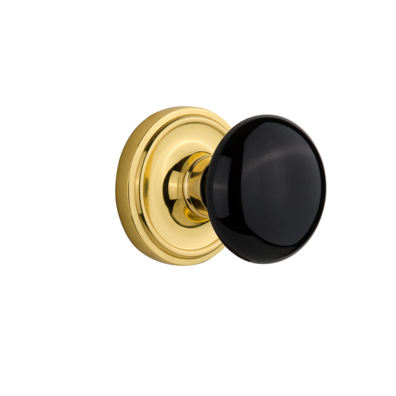 Rosette Nostalgic Warehouse Classic avec bouton de porte en porcelaine noire, 2.75", Laiton poli