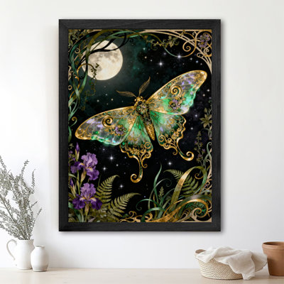 Art encadré noir, papillons colorés et enchanteurs sur une nuit de lune, reproductions d'art encadrées