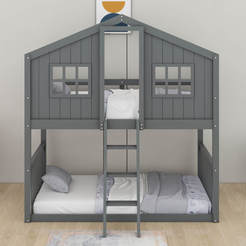 Twin Over Twin Size House Bunk With Ladder And Window, Gray
