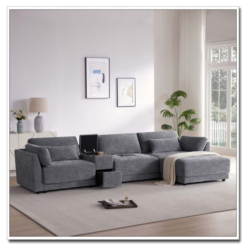 Canapé modulaire en forme de L de 124 po avec console de rangement multifonctionnelle, chargeur câblé et sans fil, repose-pieds mobile, coussin plus large et plus épais, combinaison libre pour le salon et l’appartement