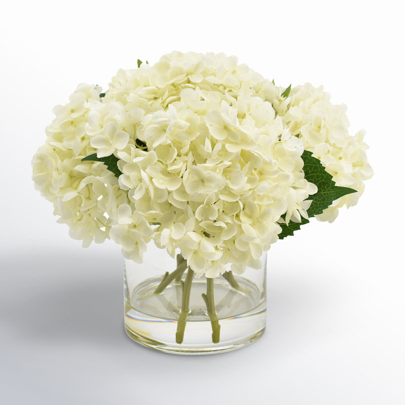Faux Hydrangea Arrangement in Vase, White
