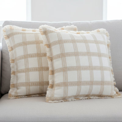 Woven Plaid  Pillow Covers With Fringe, Indoor / Outdoor Checkered Cushion Covers With Tassels Pack of 2