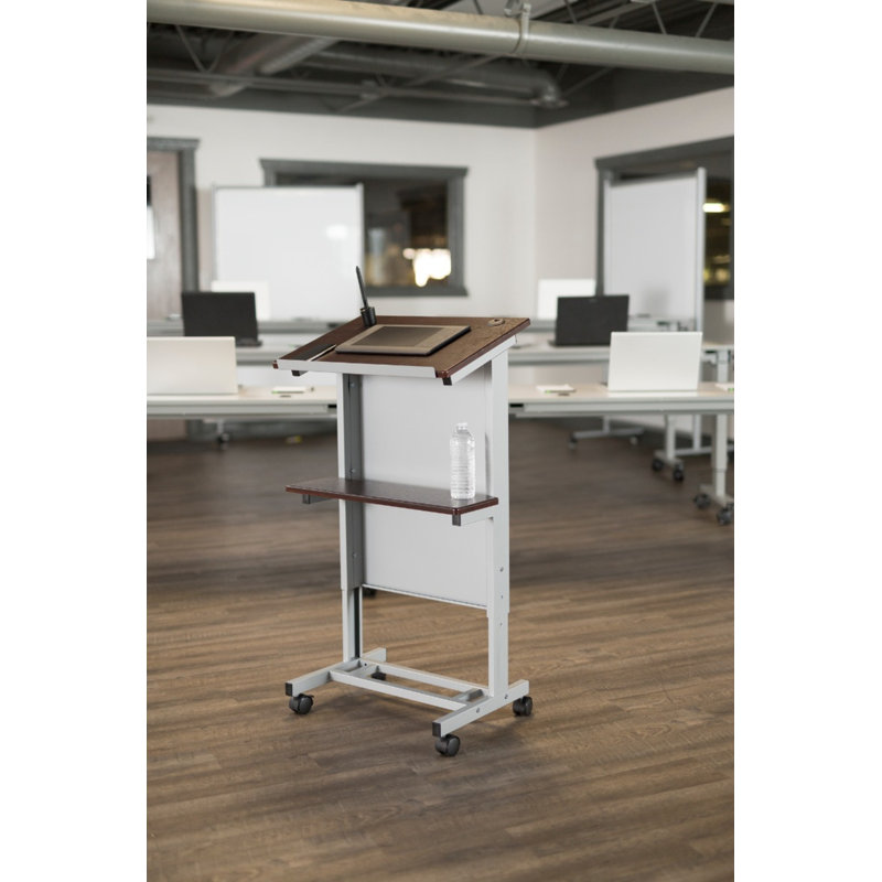 Adjustable Dark Walnut Mobile Lectern with Steel Frame