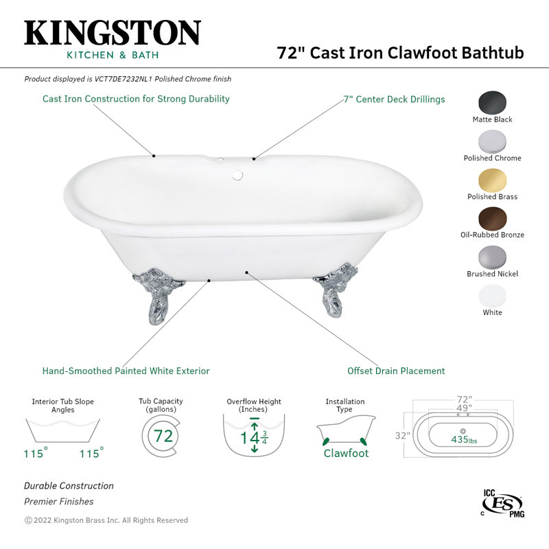 Kingston Brass Aqua Eden 72-Inch Cast Iron Oval Double Ended Clawfoot Tub (7-Inch Faucet Drillings), Brushed Brass