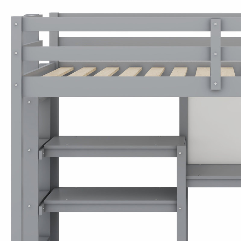 Lit mezzanine en bois avec tablettes, bureau et tableau d'écriture, Gris