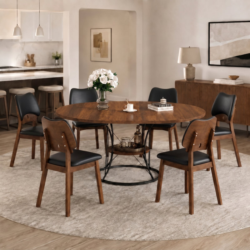 Ensemble de table à manger ronde extensible et chaises rembourrées, peu encombrant, 7 pièces : table, 6 chaises, Noir