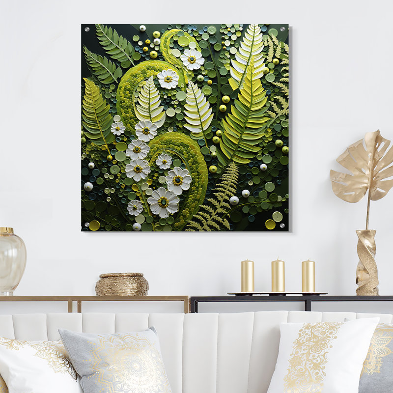 Fougère vert clair plante fantaisiste spirales I - fougères, décoration murale en acrylique, H 16 po x l 16 po