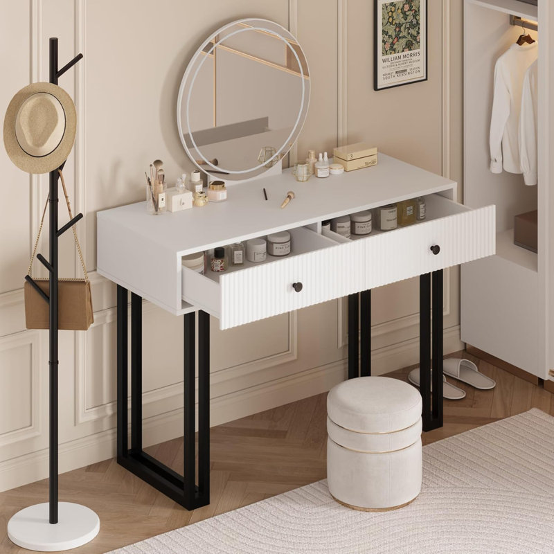 Bureau de coiffeuse avec miroir et lumières, petite coiffeuse de maquillage avec 2 tiroirs, organisateur de coiffeuse moderne avec 3 lumières de couleur