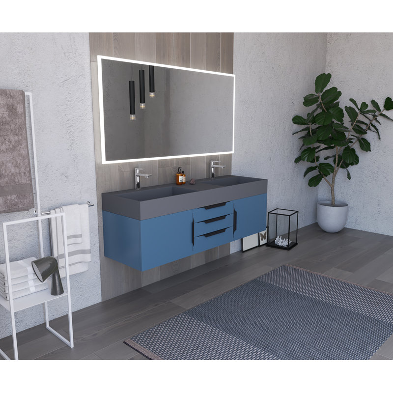 Russett 60 " W Wall Mounted Wall Mounted Single Double Vanity Bathroom Vanity With Solid Surface Top, Gray, Blue, Black