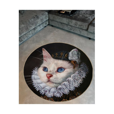 Tapis rond lavable à la machine à motif de chat blanc Noble