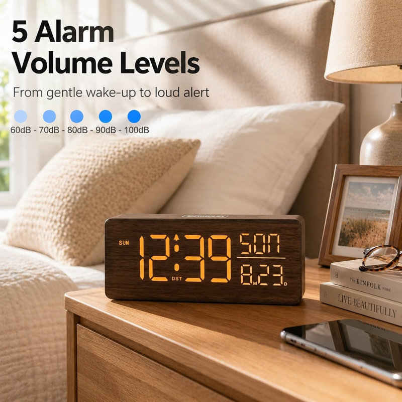 Wood Grain Digital Tabletop Alarm Clock Large Display Dimmable Plug In Clock
