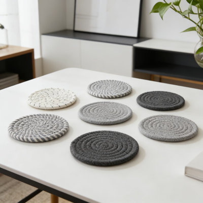 Set Of 8 Cotton Woven Absorbent Drink Coasters With Metal Holder, Fast Drying, Heat Resistant For Tabletop Protection