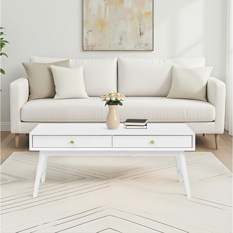 Table basse de 46 po avec tiroirs de rangement et pieds en bois massif Dorsey, Blanc
