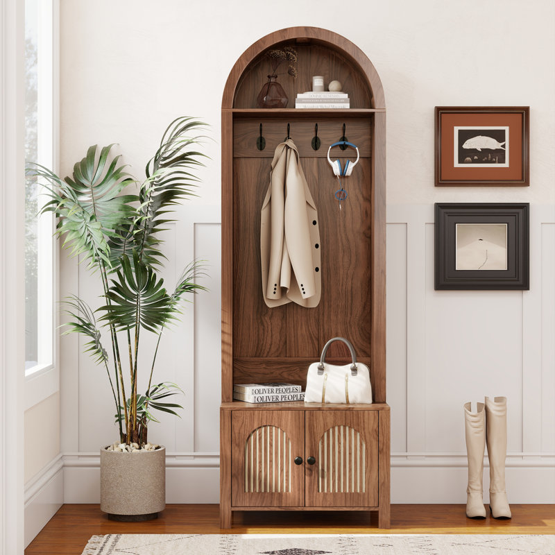 Arch Hall Tree With Bench And Shoe Storage, 4-in-1 Coat Rack With 4 Hooks And 2 Fluted Doors