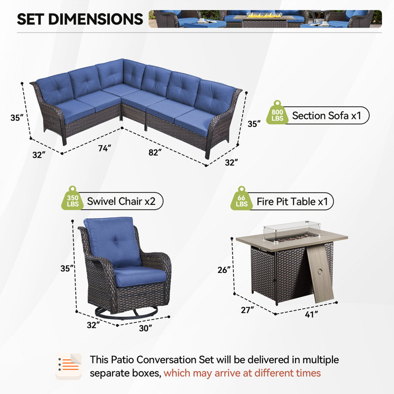 Ensemble de conversation pour patio 7 personnes avec foyer avec coussins Carolina Wicker, Bleu, Brun