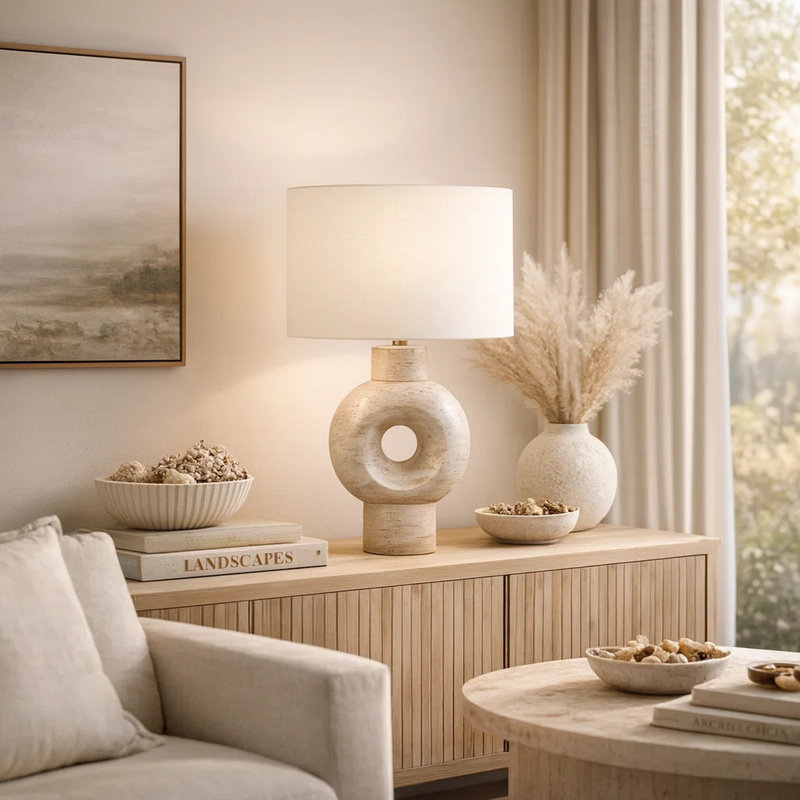 Lampe de table Carla avec base ronde découpée en résine beige, tissu ivoire