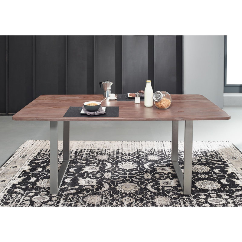 Sydney Solid Wood Top Metal Base Dining Table, Silver, Brown, 76cm H x 177cm L x 90cm W