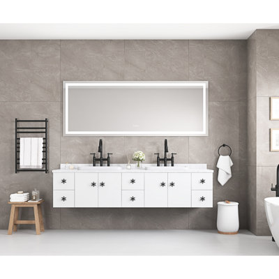 Miroir de salle de bain à DEL 72 * 32, contrôle tactile intelligent, température de couleur et éclairage variables, désembuage, aluminium blanc, 72 po x 32 po 1,2 po, 44,7 lb pour maquillage de jour 72 * 32 avec lumières, bouton