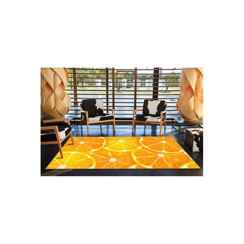 Yellow Tangerine Patterned Woven Base Washable Rug, Square 3'11" Rug Pad Included