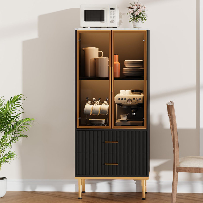 Fluted Storage Cabinet With Glass Door And 2 Drawers, Modern Display Storage Cabinet, Black