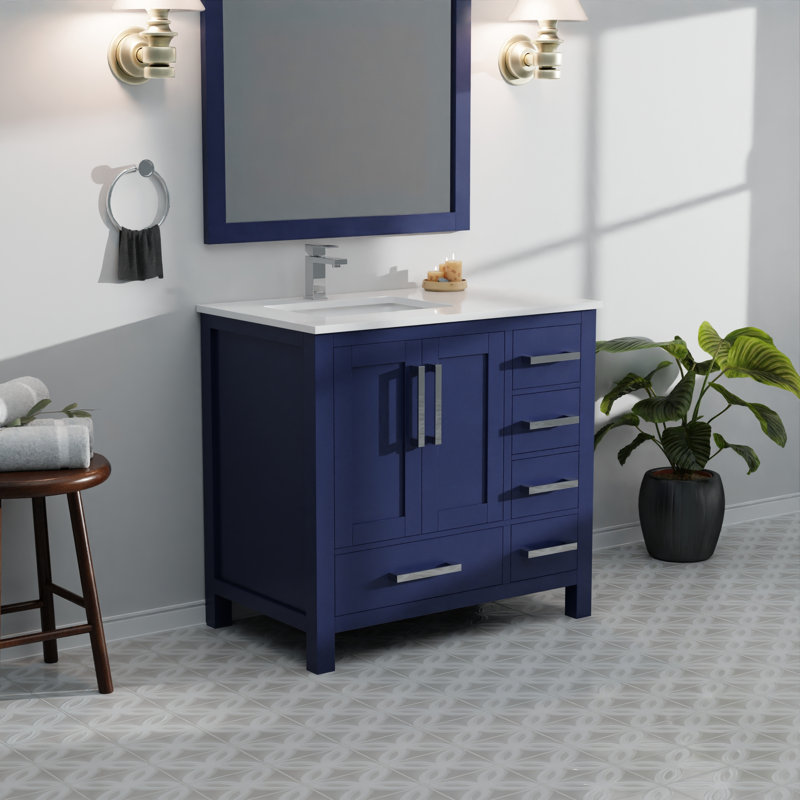 Bath Vanity with Left Offset White Quartz Top and Faucet Set, Navy Blue