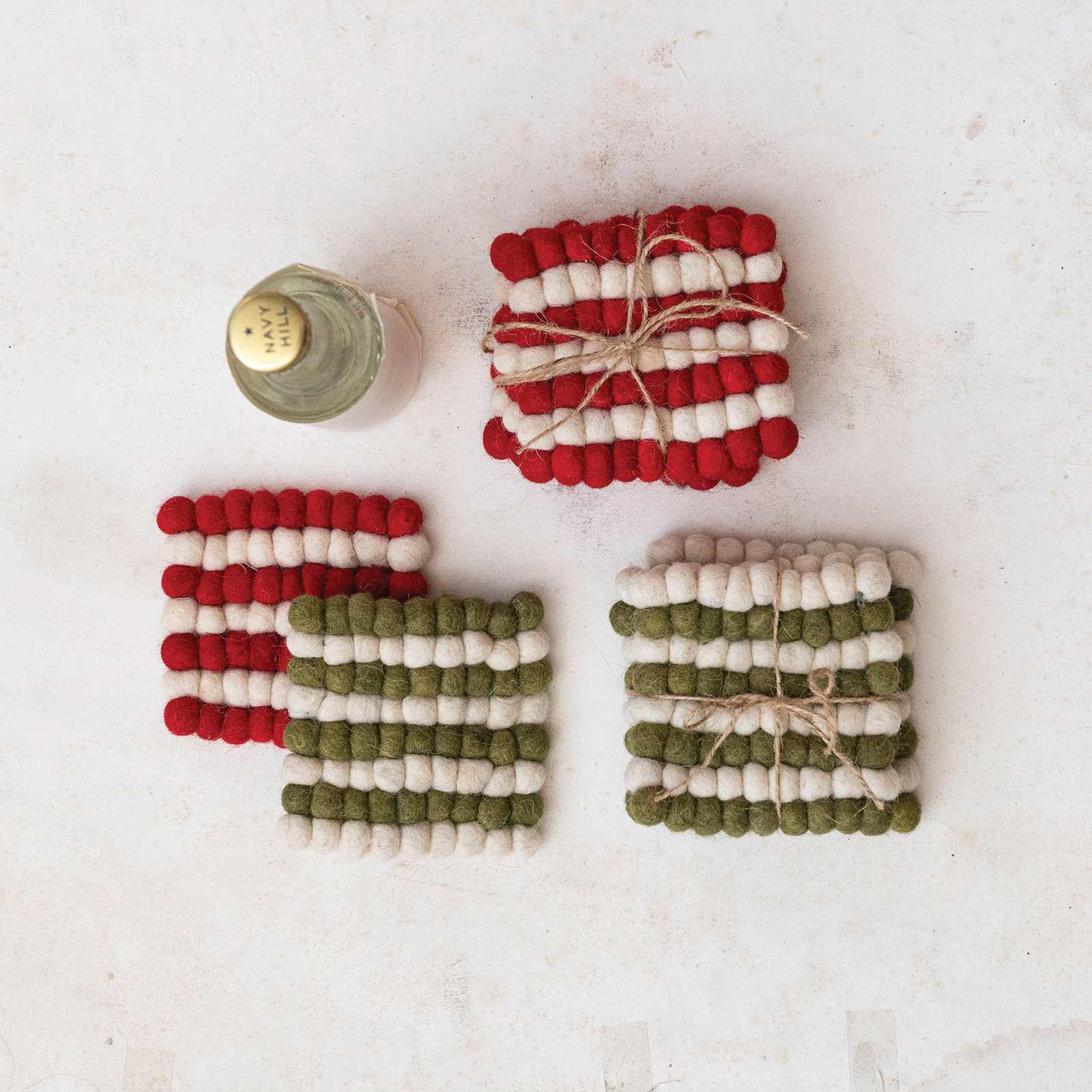 Handmade Wool Felt Coasters, Cream/Red