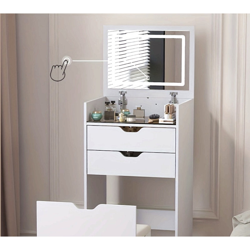 Dressing Table And Stool, 3-In-1 Multifunctional Dressing Table Set, Featuring Three-Color Lighting Modes, Hd Mirror, Two Sliding Drawers And A Hidden Storage Stool