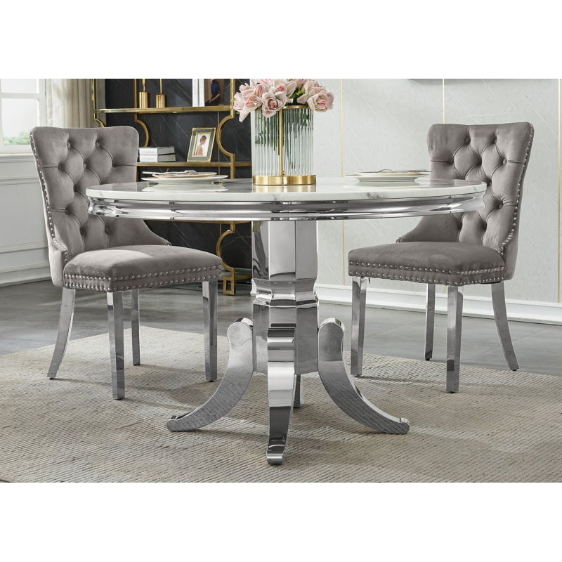 44.88" Round Dining Table Set for , Kitchen Table with Faux Marble Top, Dining Room Table & Velvet Chairs with Stainless Steel Pedestal, Piece Dining Table Set