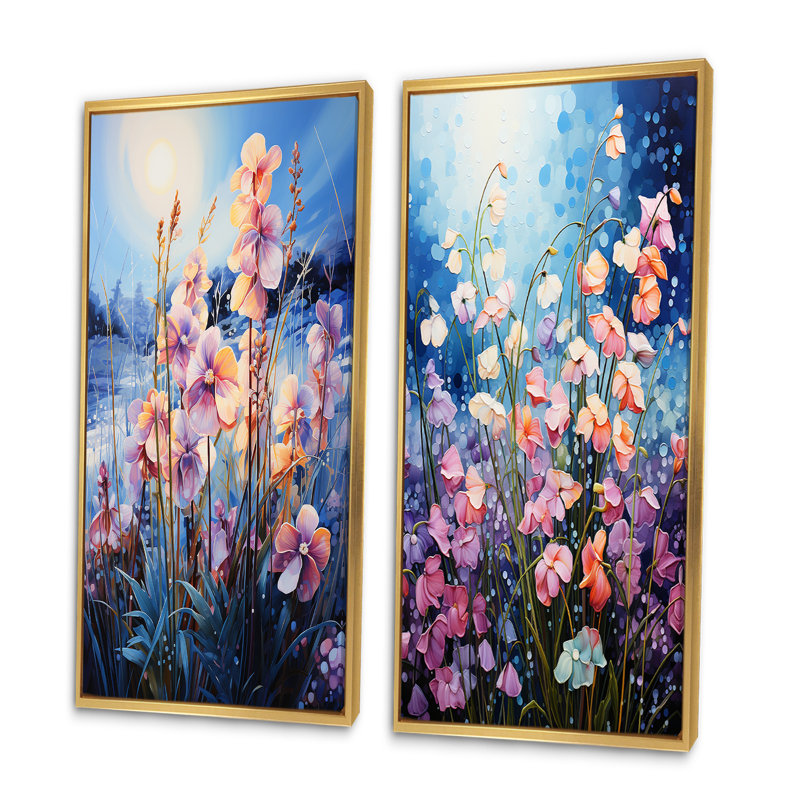 «Coral Blue Orchids Field Pointillism Dot», 2 pièces, Encadrement doré, H 24 po x l 20 po