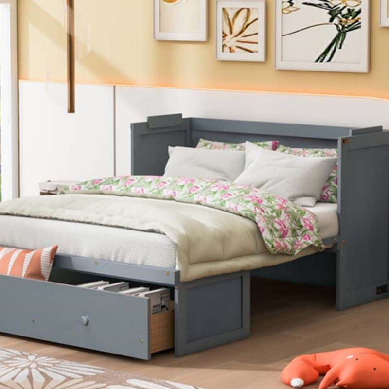 Lit escamotable avec port USB et un grand tiroir, cadre de lit, Lit double