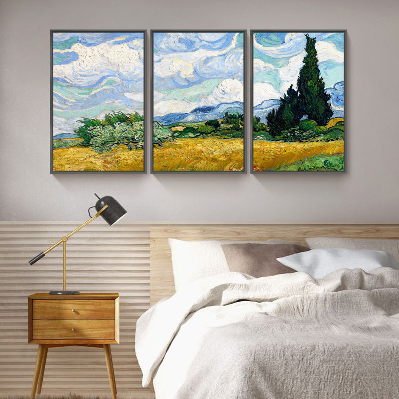 «Wheat Field With Cypresses» par Vincent Van Gogh - Ensemble de 3 reproductions de cadres photo sur toile, Noir