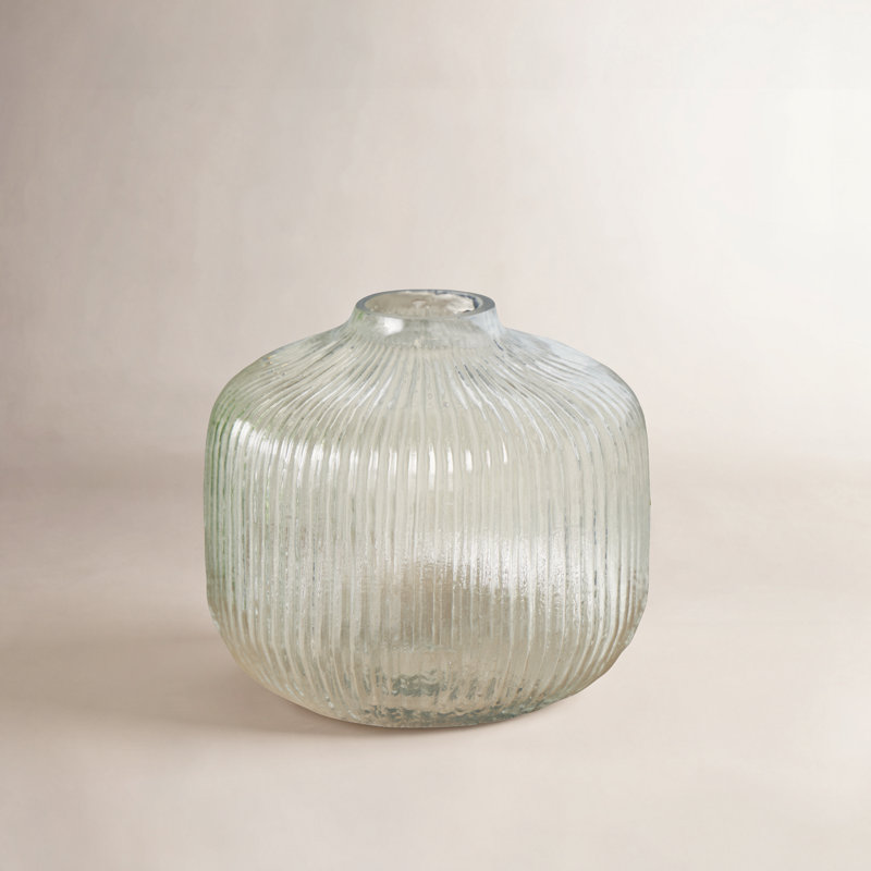 Perry Glass Short Round Ribbed Vase, 10.65" H x 10.15" W x 10.15" D