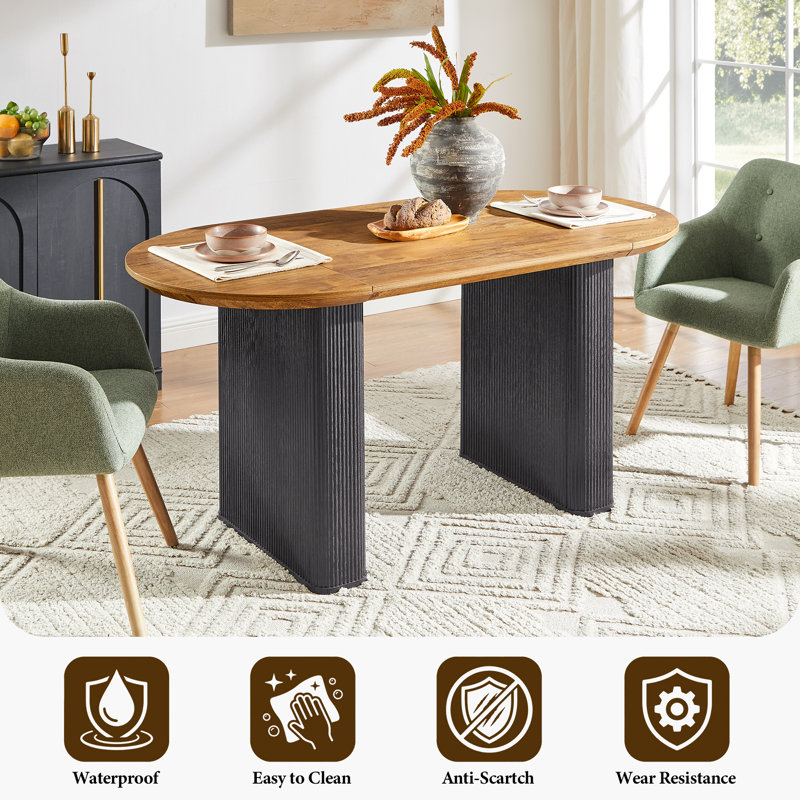 63" Fluted Oval Dining Table Double Pedestal Kitchen Table For 4-6 With Thickened Edge, Luxury Table For Dining Room/Kitchen