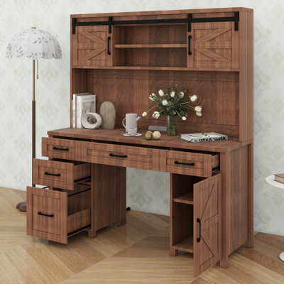 Bureau de direction Farmhouse avec huche, station de charge, 2 portes de grange coulissantes, 5 tiroirs et armoire de rangement