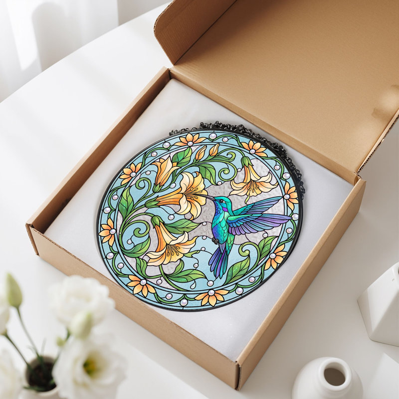 Vitrail de vitrail Hummingbird Floral - 7,8 H, H 7,8 po
