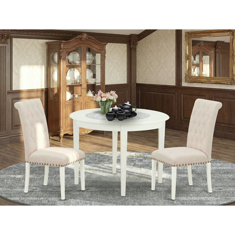 3 Piece Modern Dining Table Set Contains a Round Kitchen Table and 2 Light Beige Linen Fabric Parson Dining Room Chairs, 42x42 Inch, Linen White