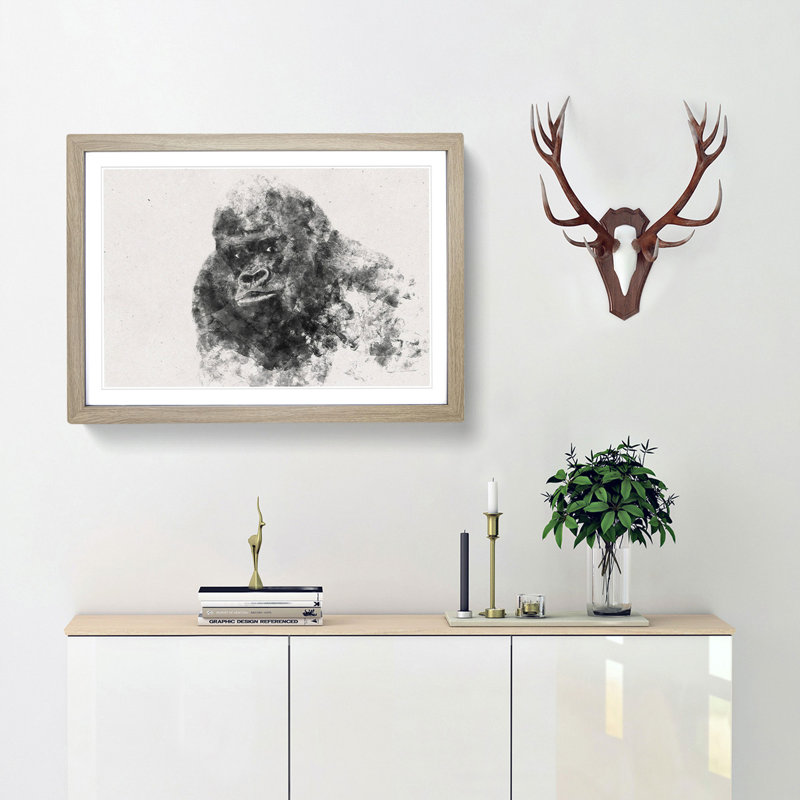 A Silverback Gorilla Watercolour - Single Picture Frame Print on MDF, 36cm H x 48cm W x 2cm D, Oak Framed