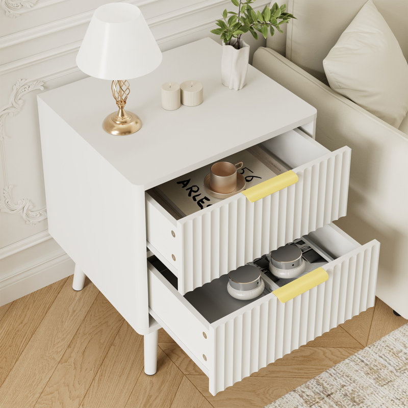 Fluted Nightstand With Curved Profile Design, 2-Drawer End Table, Bedside Table For Bedroom, Living Room, White