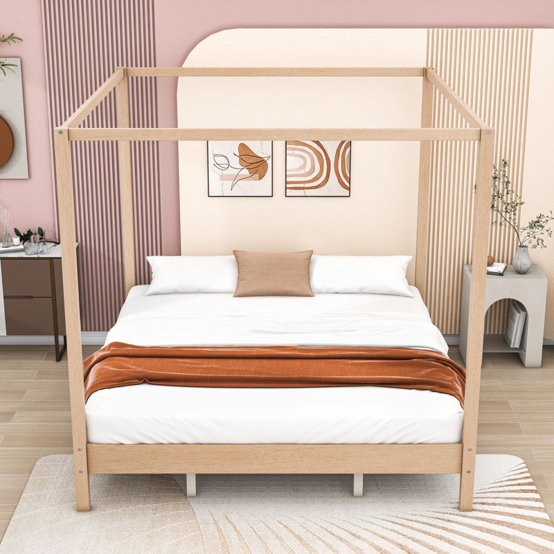 Lit plateforme à baldaquin en bois avec support à lattes et pieds centraux, Naturel, Très grand lit
