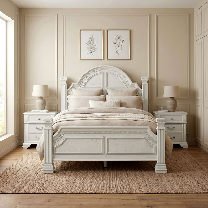 Adames Wood Bedroom Set with Bell-Shaped Headboard, Queen, White, 3 Pcs: Bed, 2 Nightstands