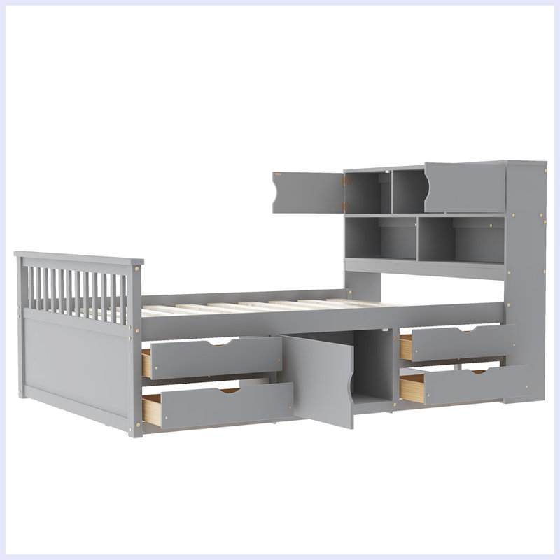 Base de lit plateforme moderne avec bibliothèques de rangement et tablettes, Gris, Double