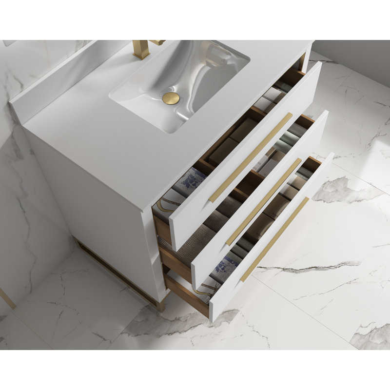 Genai 40 " W Freestanding Standard Free Standing Single Double Single Vanity Bathroom Vanity With Stone Top